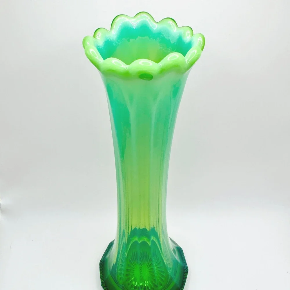 Vintage Green Opalescent Glass Vase 10